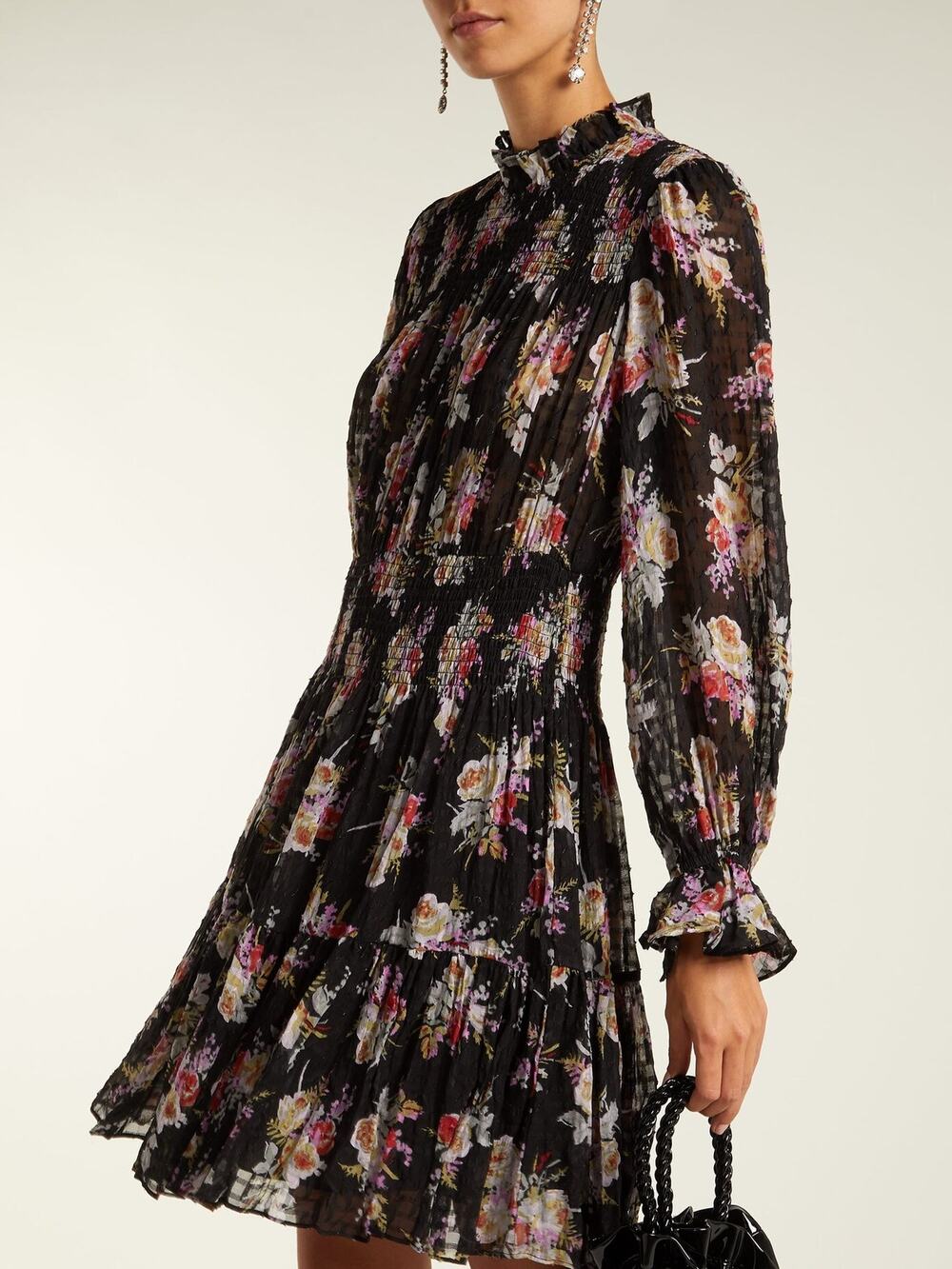 Rebecca Taylor Bouquet Silk Floral Smocked Mini Dress Black Small